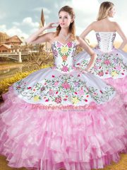 Decent Sleeveless Organza and Taffeta Floor Length Lace Up Sweet 16 Dresses in Rose Pink with Embroidery and Ruffled Layers