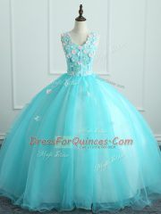 Elegant Aqua Blue Ball Gowns Organza V-neck Sleeveless Appliques Floor Length Lace Up Quinceanera Gown