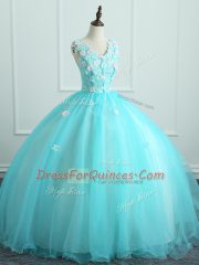 Elegant Aqua Blue Ball Gowns Organza V-neck Sleeveless Appliques Floor Length Lace Up Quinceanera Gown