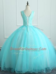 Elegant Aqua Blue Ball Gowns Organza V-neck Sleeveless Appliques Floor Length Lace Up Quinceanera Gown