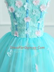Elegant Aqua Blue Ball Gowns Organza V-neck Sleeveless Appliques Floor Length Lace Up Quinceanera Gown