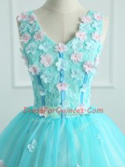 Elegant Aqua Blue Ball Gowns Organza V-neck Sleeveless Appliques Floor Length Lace Up Quinceanera Gown