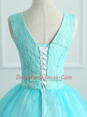 Elegant Aqua Blue Ball Gowns Organza V-neck Sleeveless Appliques Floor Length Lace Up Quinceanera Gown