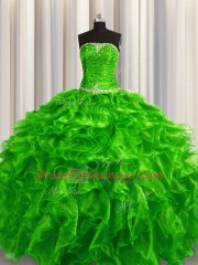 Fashion Beading and Ruffles Sweet 16 Quinceanera Dress Green Lace Up Sleeveless Floor Length