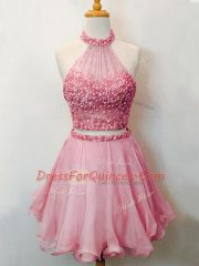 Modest Pink Halter Top Neckline Beading Damas Dress Sleeveless Lace Up