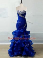 Hot Sale Floor Length Zipper Prom Dress Royal Blue for Prom and Party and Military Ball and Sweet 16 with Beading and Ruffles and Ruching