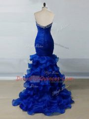 Hot Sale Floor Length Zipper Prom Dress Royal Blue for Prom and Party and Military Ball and Sweet 16 with Beading and Ruffles and Ruching