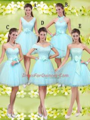 Aqua Blue A-line Sweetheart Sleeveless Tulle Knee Length Lace Up Lace and Belt Quinceanera Dama Dress