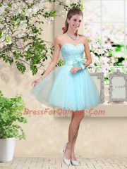 Aqua Blue A-line Sweetheart Sleeveless Tulle Knee Length Lace Up Lace and Belt Quinceanera Dama Dress