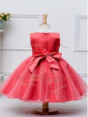 Affordable Knee Length Zipper Little Girl Pageant Gowns Hot Pink for Wedding Party with Lace and Bowknot