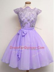 Lavender Cap Sleeves Chiffon Lace Up Damas Dress for Prom and Party and Wedding Party