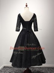 Suitable Half Sleeves Lace Up Ankle Length Lace and Belt Evening Dress