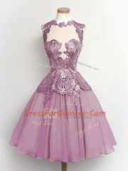 Sleeveless Chiffon Knee Length Lace Up Quinceanera Dama Dress in Lilac with Lace