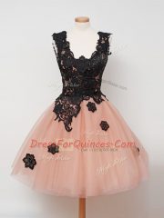 New Style Peach Sleeveless Knee Length Lace Zipper Damas Dress