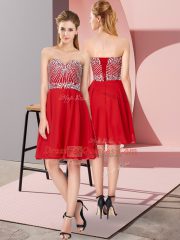 Sumptuous Sleeveless Knee Length Beading Lace Up Evening Dress with Red