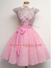 Rose Pink Vestidos de Damas Prom and Party and Wedding Party with Lace and Belt Scalloped Cap Sleeves Lace Up