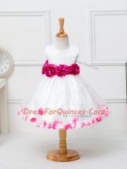 Latest Sleeveless Zipper Knee Length Appliques and Hand Made Flower Kids Formal Wear