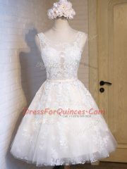 Mini Length White Prom Dress Scoop Sleeveless Lace Up