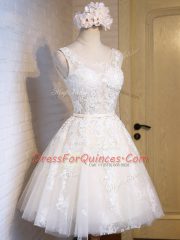 Mini Length White Prom Dress Scoop Sleeveless Lace Up