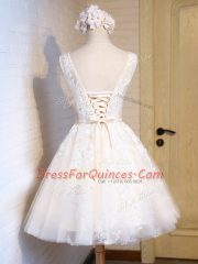 Mini Length White Prom Dress Scoop Sleeveless Lace Up