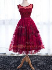 Glamorous Fuchsia Sleeveless Tea Length Lace Zipper Court Dresses for Sweet 16