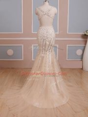Modest Champagne Prom Gown Tulle Brush Train Sleeveless Beading