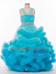 Sleeveless Tulle Floor Length Lace Up Little Girls Pageant Gowns in Baby Blue with Beading and Hand Made Flower
