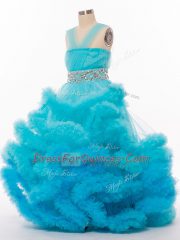 Sleeveless Tulle Floor Length Lace Up Little Girls Pageant Gowns in Baby Blue with Beading and Hand Made Flower