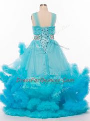 Sleeveless Tulle Floor Length Lace Up Little Girls Pageant Gowns in Baby Blue with Beading and Hand Made Flower