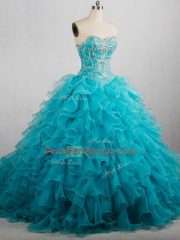 Shining Aqua Blue Sweetheart Neckline Beading and Ruffles Sweet 16 Dresses Sleeveless Lace Up