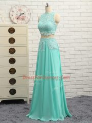 Apple Green Side Zipper High-neck Lace and Appliques Chiffon Sleeveless