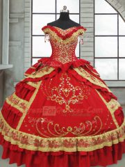 Dynamic Red Quinceanera Dress Military Ball and Sweet 16 and Quinceanera with Beading and Embroidery and Ruffled Layers Off The Shoulder Cap Sleeves Zipper