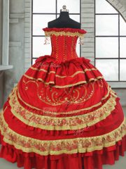 Dynamic Red Quinceanera Dress Military Ball and Sweet 16 and Quinceanera with Beading and Embroidery and Ruffled Layers Off The Shoulder Cap Sleeves Zipper