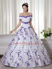 White Ball Gowns Organza Off The Shoulder Short Sleeves Embroidery Floor Length Lace Up Vestidos de Quinceanera
