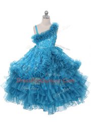 Smart Teal Organza Lace Up Asymmetric Sleeveless Floor Length Flower Girl Dresses Lace and Ruffles and Ruffled Layers