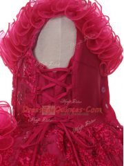 Smart Teal Organza Lace Up Asymmetric Sleeveless Floor Length Flower Girl Dresses Lace and Ruffles and Ruffled Layers