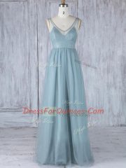 Best Floor Length Grey Dama Dress V-neck Sleeveless Zipper