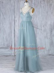 Best Floor Length Grey Dama Dress V-neck Sleeveless Zipper