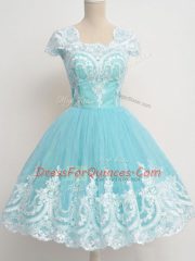 Nice Knee Length A-line Cap Sleeves Aqua Blue Dama Dress for Quinceanera Zipper