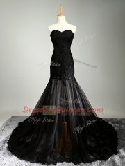 High Class Sweetheart Sleeveless Prom Gown Beading and Appliques Black Tulle