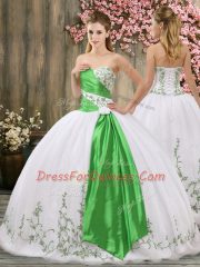 Sleeveless Organza Floor Length Lace Up Ball Gown Prom Dress in White with Embroidery and Belt