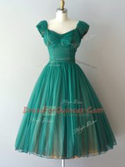 Comfortable Teal V-neck Zipper Ruching Dama Dress for Quinceanera Cap Sleeves