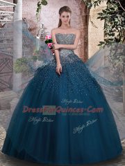 Superior Teal Lace Up Strapless Beading 15 Quinceanera Dress Tulle Sleeveless