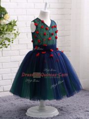 Sleeveless Zipper Knee Length Lace and Appliques Little Girls Pageant Dress