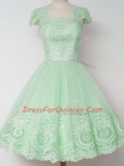 Fancy Apple Green Tulle Zipper Square Cap Sleeves Knee Length Dama Dress Lace