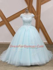 Light Blue Tulle Zipper Scoop Sleeveless Sweet 16 Dress Brush Train Beading and Lace
