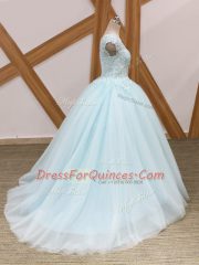 Light Blue Tulle Zipper Scoop Sleeveless Sweet 16 Dress Brush Train Beading and Lace