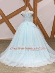 Light Blue Tulle Zipper Scoop Sleeveless Sweet 16 Dress Brush Train Beading and Lace