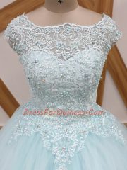 Light Blue Tulle Zipper Scoop Sleeveless Sweet 16 Dress Brush Train Beading and Lace