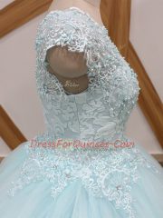 Light Blue Tulle Zipper Scoop Sleeveless Sweet 16 Dress Brush Train Beading and Lace